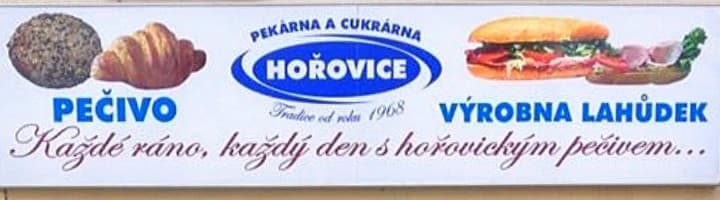 Cedule Pekárna a cukrárna Hořovice — Pečivo · Výrobna lahůdek